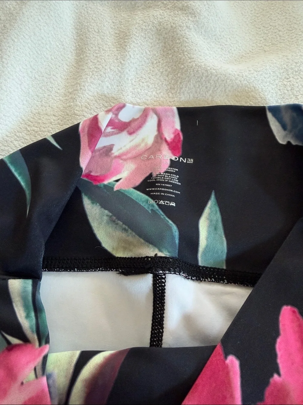 Carbon38 Black Floral Leggings with Pink & Green Accents